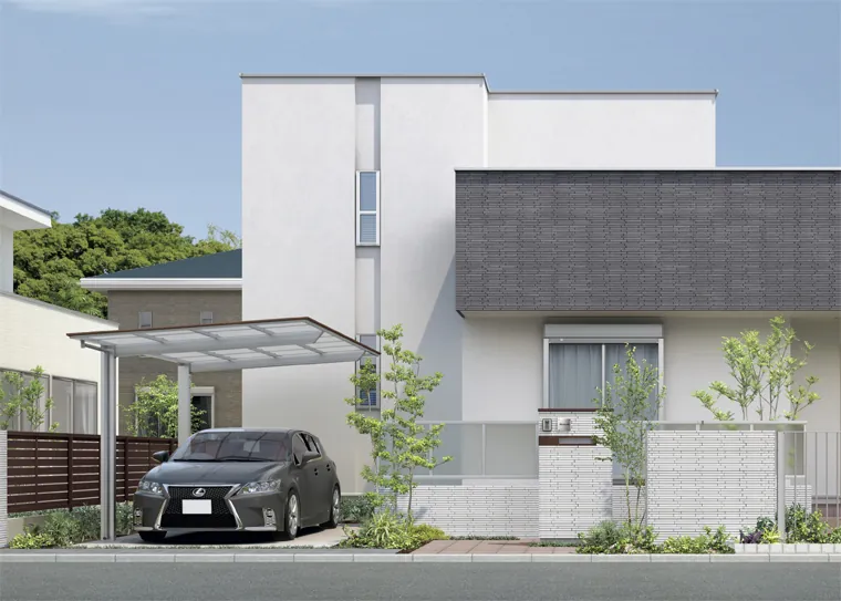 住宅の前に建つフーゴF 1台用