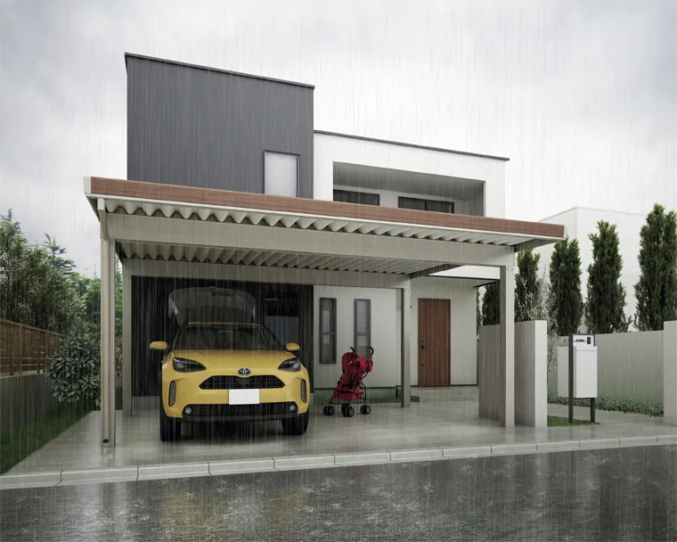 雨の日の駐車スペースに建つカーポートSW 1500タイプ 2台用