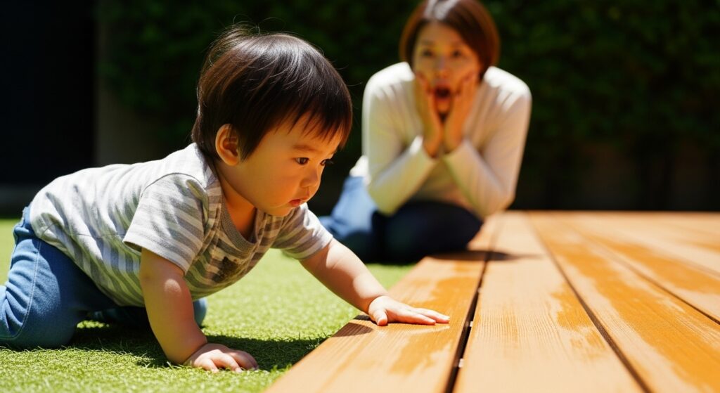 原因②:人工木ウッドデッキの「熱さ」という落とし穴。裸足では危険な温度に
